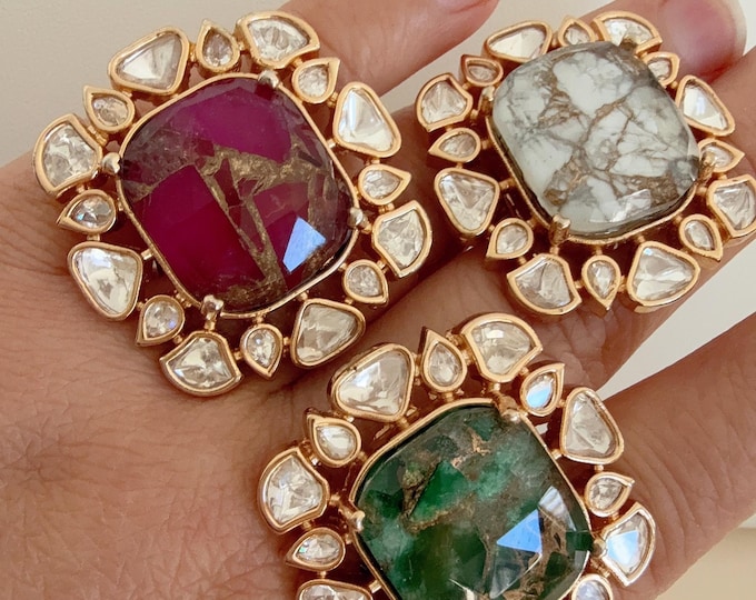 Bridal Kundan  Moissanite diamond  Ring/ Adjustable Finger Kundan green Statement Ring /Indian Wedding jewelry/Moissanite Kundan ring