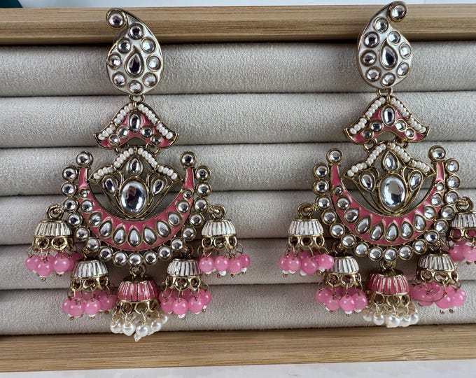 Pink  Kundan jhumka chandbali Earrings/Kundan chandbali /Bridal earrings/Pearl drop earrings /Bridesmaid pink  Earrings