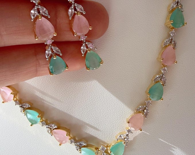 Gold  single line simple elegant Mint pink  diamond necklace  /Indian jewelry/ CZ Choker/Diamond jewelry/ Indian Necklace/ diamond necklace
