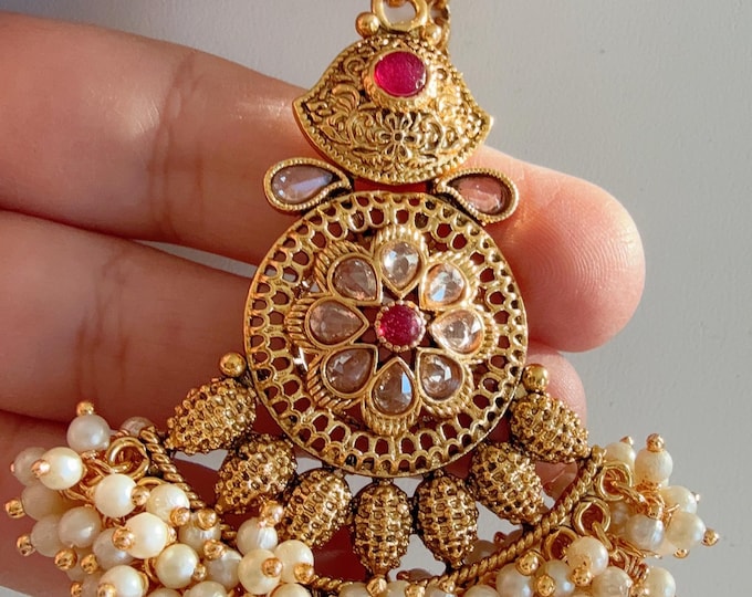 Pearl Clusters Gold Plated Tikka/ Antique Ruby maang tikka/Gold Maang tika /Indian Maangtikka/Temple tikka/Indian jewelry/Gold  Maang tikka