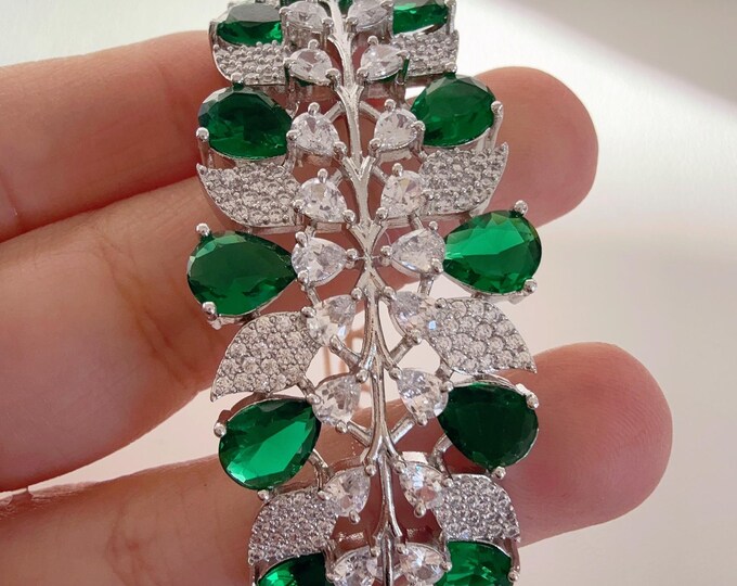 American diamond silver emerald bracelet bangle/Cz stone  diamond Indian bangles/Indian Jewelry /bridal jewelry/Cubic zirconia emerald  Kada