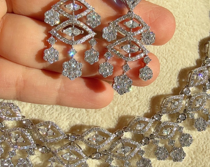 Rhodium silver  double strand  Diamond Necklace set /Indian jewelry/Bridal choker/Diamond choker/ Indian Necklace/Silver  diamond choker