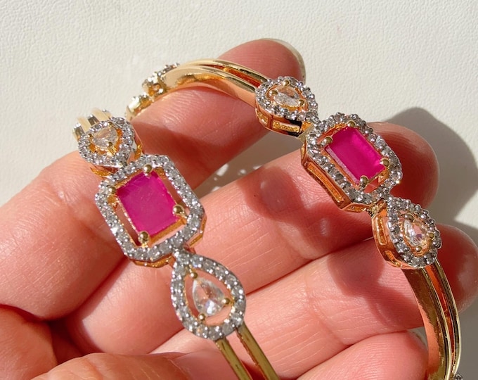 Gold Tone Ruby American diamond bangle pair / Gold diamond bangles /gold diamond bracelet/indian bangles/Indian Jewelry