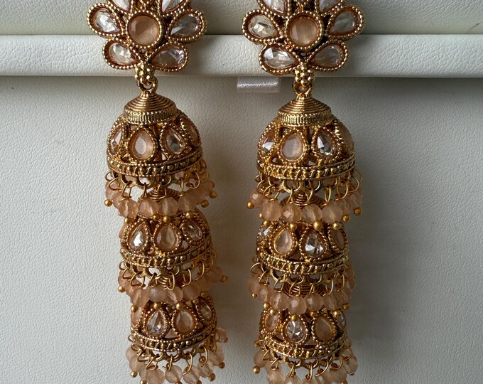 Kundan Polki Peach color triple Jhumka /Earrings Temple Jewelry /Wedding special Gold Jhumkas /Indian wedding/Kundan Jhumka