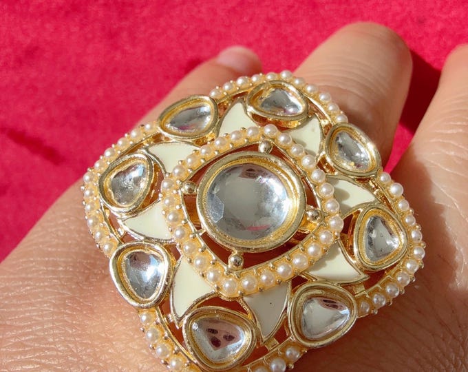 Gold Pearl kundan Ring/Adjustable Ring/ Indian Ring/ Indian Jewelry/Indian Wedding jewelry/bridal accessories