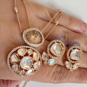 Premium Moissanite Pendant Set/Kundan Stone Double Layer Necklace/ Indian Bridal Jewelry/Uncut Moissanite Polki Kundan Wedding Jewelry