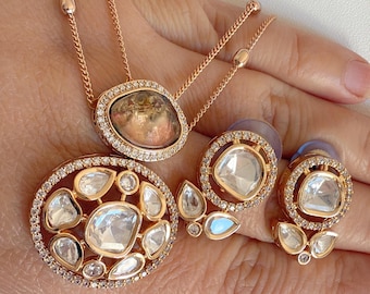 Sejal Premium Moissanite Pendant Set /Kundan Stone Double Layer Necklace/Indian Bridal Jewelry/Uncut Moissanite Polki Kundan Wedding Jewelry