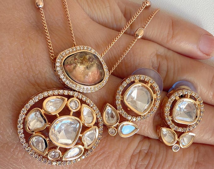 Premium Moissanite Pendant Set/Kundan Stone Double Layer Necklace/ Indian Bridal Jewelry/Uncut Moissanite Polki Kundan Wedding Jewelry