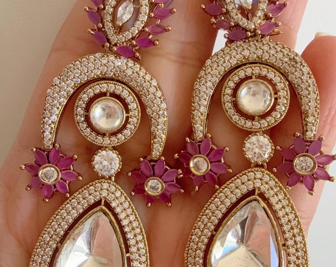 Sabyasachi-Inspired Moissanite kundan Ruby Earrings/Elegant Statement Jewelry/Ruby diamond Moissanite  Earrings/Bridal Diamond earrings
