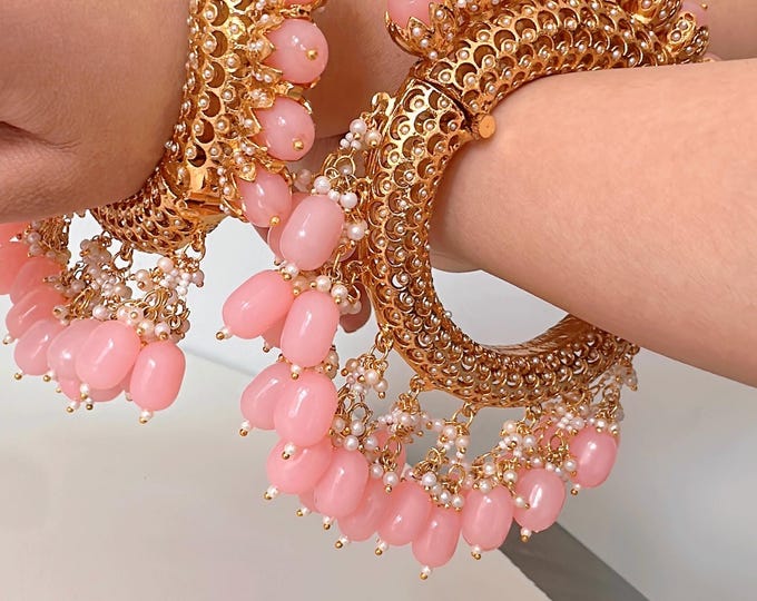 Rajwadi Kada with jhumka / Sangeet Reception Kada/ Pink  Rajwadi Kada /Indian Wedding jewelry/Baby pink rajwadi Kundan bridal bangles