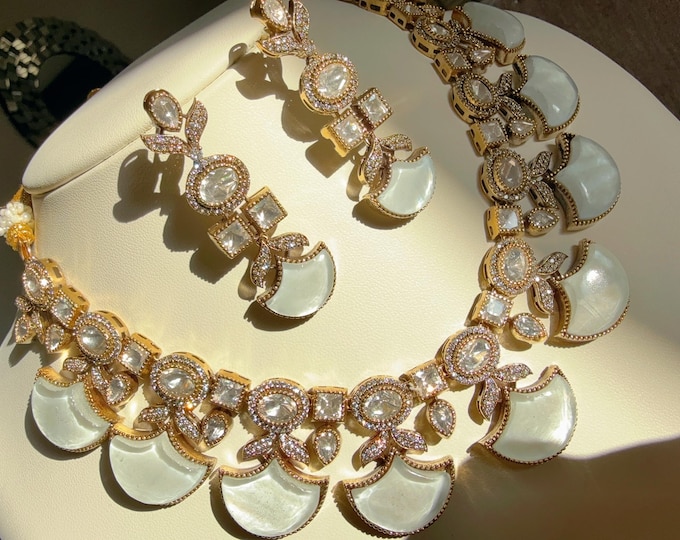 Moissanite doublet stones Mother of pearl Necklace set /Doublet Uncut Kundan  Necklace Antique Finish/   Moissanite white   Necklace Set