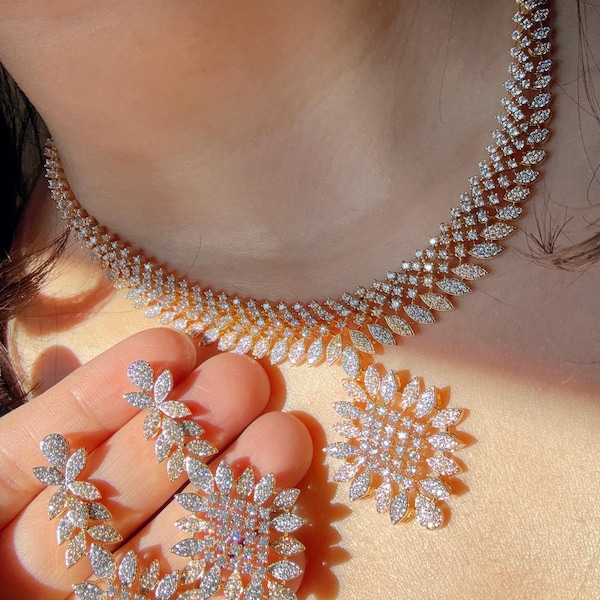 Lilie 2 Ton Gold Halskette Diamant Choker / indischer Schmuck / Braut Choker / Brautjungfer Schmuck Sets / indische Halskette / 2 Ton Diamant Choker