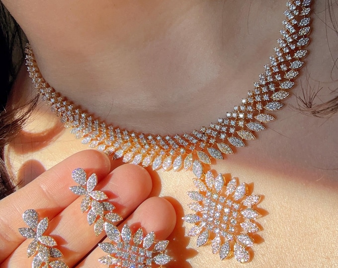 2 Tone gold Necklace diamond choker /Indian jewelry/ CZ Choker/Bridal choker/Bridesmaid Jewelry Sets/ Indian Necklace/ 2 tone diamond choker