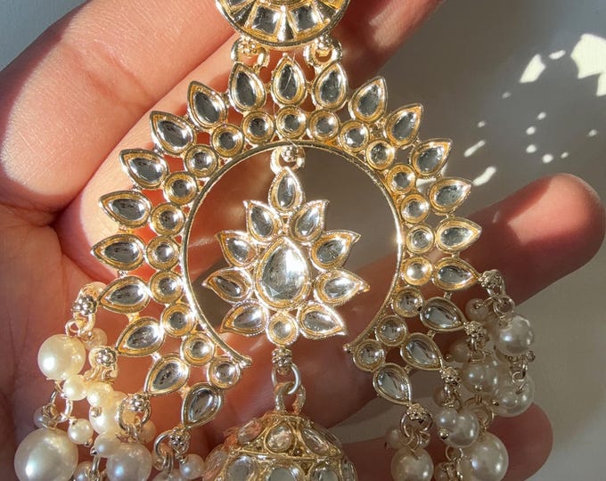 Gold Pearl Kundan chandbali Earrings/Kundan Earrings /Statement earrings /Bridal earrings/Pearl drop earrings /Bridesmaid Earrings