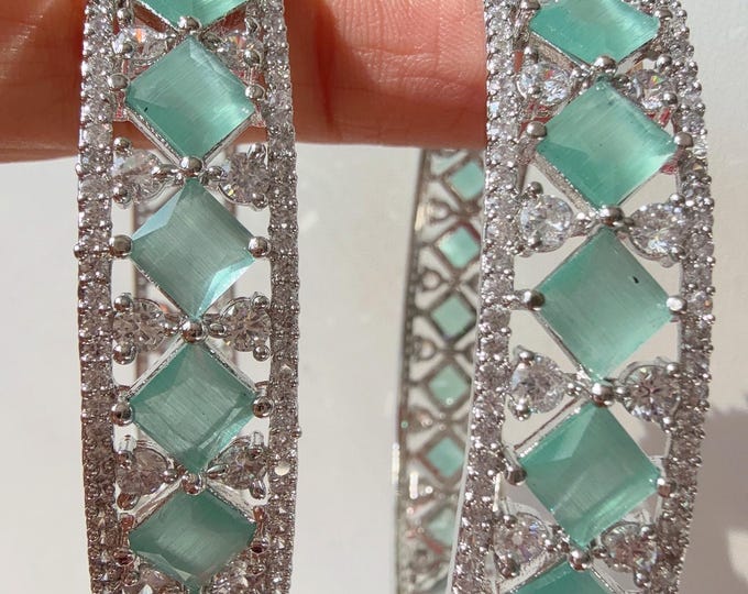 Mint  silver diamond Bangles/Sapphire Blue CZ Ad bangles//Indian bangles/Indian Jewelry /bridal jewelry/American Diamond Bangles