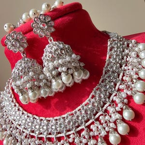 Silver Rhodium  Necklace/Indian wedding jewelry/Silver Polki Necklace, Indian Jewelry/ Silver White Pearl Antique Polki Kundan Choker
