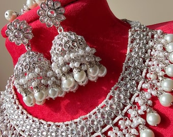 Silver Rhodium  Necklace/Indian wedding jewelry/Silver Polki Necklace, Indian Jewelry/ Silver White Pearl Antique Polki Kundan Choker