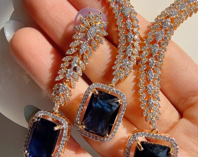 2 Tone Gold  Diamond Blue Sapphire  Necklace /Indian jewelry/ CZ 2 tone diamond Choker/Bridal choker/Diamond Jewelry / Indian Necklace/