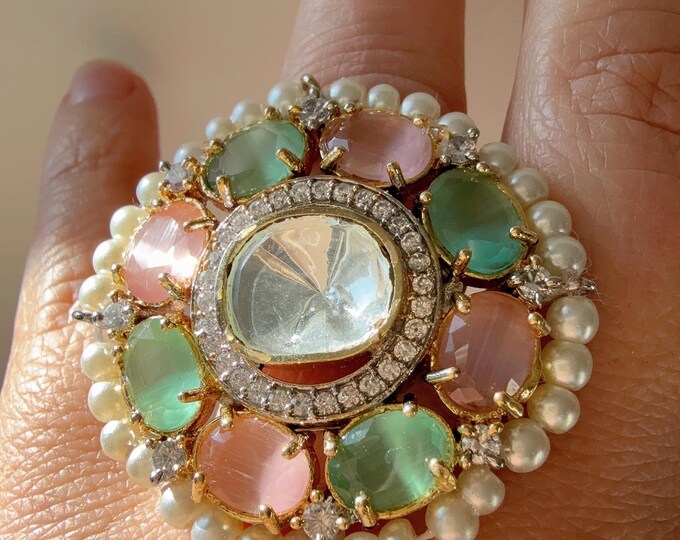 Kundan Mint Pink cocktail Ring/Adjustable Ring/ Indian Ring/ Indian Jewelry/Indian Wedding jewelry/Mint pink Kundan  diamond Ring