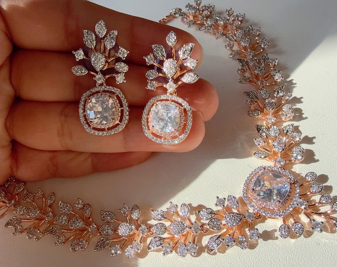 Rose gold Necklace diamond necklace /Indian jewelry/ CZ Choker/Bridal choker/Bridesmaid Jewelry Sets/ Indian Necklace/Rose gold  choker