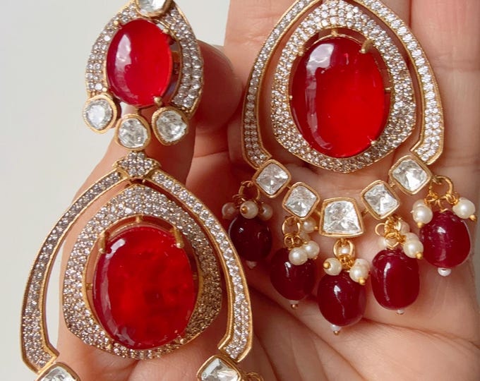 Ruby  Doublet Stone Moissanite kundan  Earrings/Elegant Statement Jewelry/ Ruby diamond  Moissanite Earrings/Bridal Diamond earrings