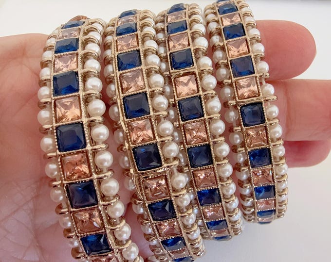 Blue Kundan Bangles/Polki Kundan  Pearl Bangles Set(4 Pc) /Indian Jewelry/ Kundan Bangles/Blue kundan bangles