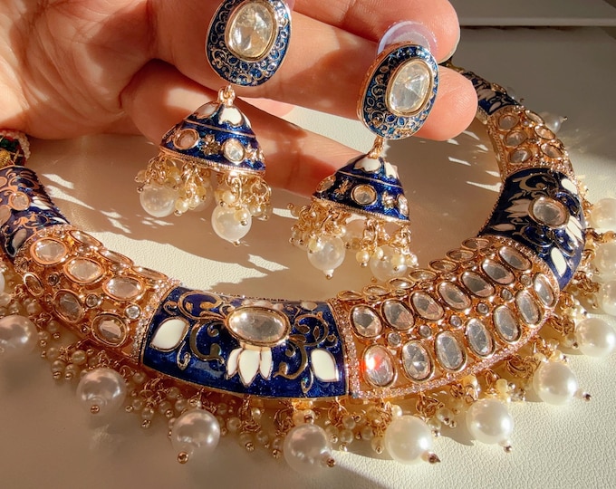 Moissanite kundan Blue hasli necklace set with jhumka earrings/Diamond  Hasli /Gold Plated Rajasthani Hasli in Blue Meenakari
