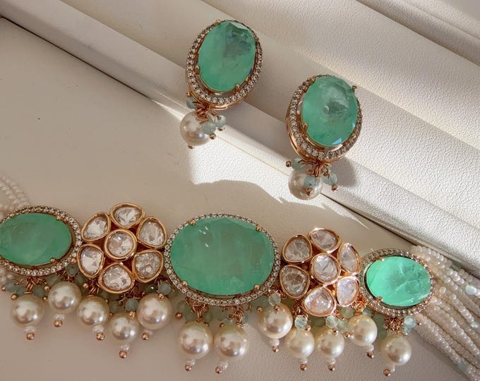 Moissanite doublet stones Mint choker set Kundan choker necklace set/  Doublet Stone & Moissanite mint Choker Necklace Set