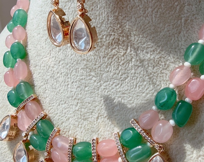 Sabyasachi inspired Mint pink necklace  set/ Moissanite Kundan  Monalisa Stone Jewelry  set/Indian Bridal Jewelry/Indian Wedding jewelry/