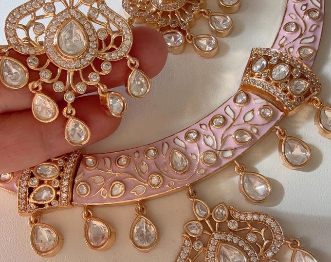 Moissanite kundan Baby pink hasli necklace set with jhumka earrings/Diamond  Hasli / Rajwadi Baby pink Hasli /Indian Wedding jewelry