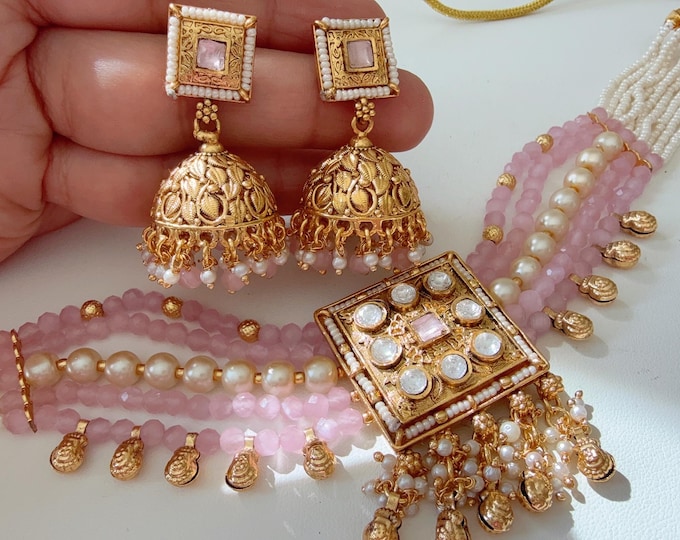 Traditiona Kundan Polki choker with jhumka /Rajwadi finish Baby pink Choker Necklace /Temple jewelry/Indian jewelry/Indian Wedding  jewelry