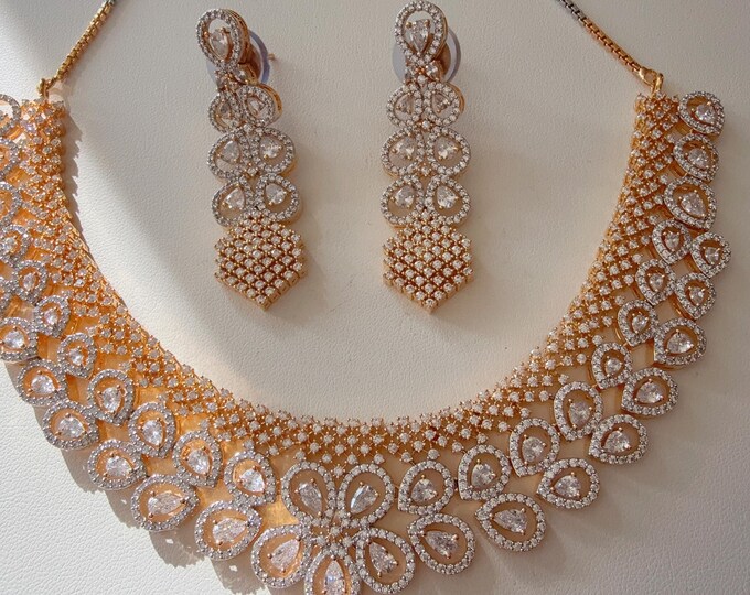 2 Tone diamond necklace  /Indian jewelry/ CZ Choker/Bridal choker/ Indian Necklace/2 tone gold diamond choker/Bridal choker