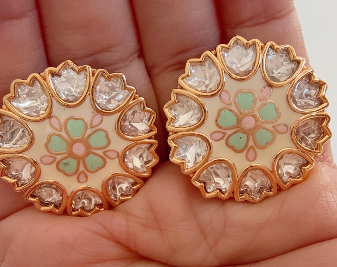 Moissanite  Meenakari Mint Pink Kundan Studs /Indian Jewelry /Statement Stud Earring/Kundan Stud Earrings/Studs/Diamond Meenakari Mint Studs