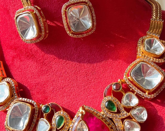 Fine Gold Finish Doublet Stones Uncut Moissanite Kundan Ruby green Peacock necklace/bridal Moissanite Kundan Necklace /Indian Bridal Jewelry