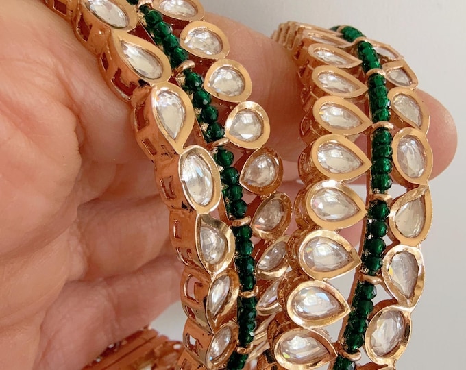 Openable Moissanite kundan bridal green Bangles / Cz stone Moissanite green kada //Indian Jewelry /bridal kundan diamond bangles