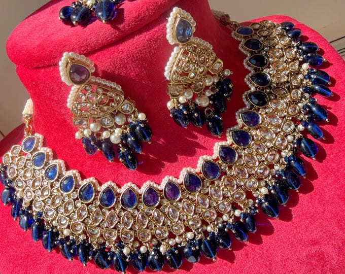 Semi bridal   kundan polki blue necklace  Set Chandbali and Tikka  /bridal necklace/Indian wedding jewelry/Bridal necklace set/