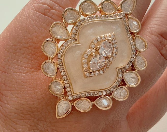 Bridal Kundan Moissanite Gold Ruby diamond Ring/Moissanite Mother of Pearl Ruby Ring/ Kundan Statement Gold Ring /Indian Wedding jewelry