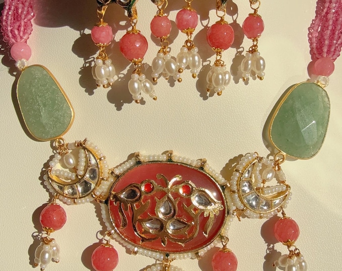 Polki Kundan Mint pink Necklace/Statement necklace Set/Uncut Polki Diamond Choker Moissanite Polki Necklace Sabyasachi inspired Jewelry Set