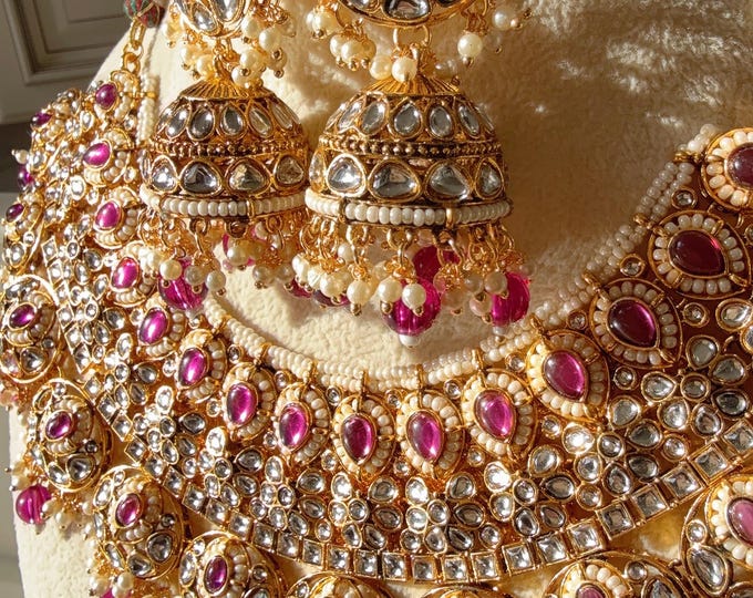 Semi Bridal Purple  Kundan Necklace Set with long jhumka and Tikka /bridal necklace/Indian wedding jewelry/Bridal necklace set