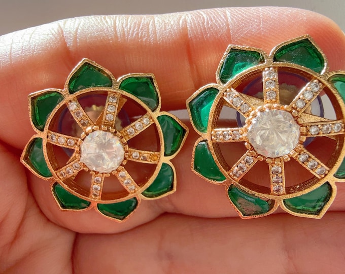 Moissanite Meenakari green Kundan Studs /Indian Jewelry /Statement Stud Earring/Kundan Stud Earrings/Cz Studs/Diamond Meenakari green Studs