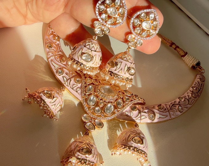 Meenakari Hasli Collar Necklace/Moissanite kundan  hasli Meenakari Haslsi with jhumka earrings/Diamond  Hasli / Rajwadi Baby Pink  Hasli