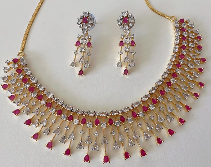 Rain Diamond Necklace 2 Tone  Ruby  Indian jewelry/ CZ Choker/Bridal choker/Ruby Diamond choker/ 2 Tone Ruby diamond diamond choker