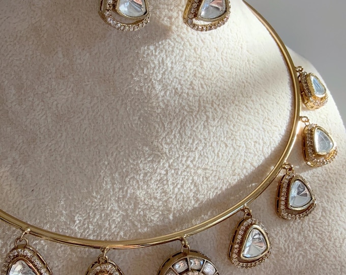 Kundan Moissanite gold hasli necklace/Polki Kundan Stone diamond Necklace / Hasli choker/Indian Wedding jewelry