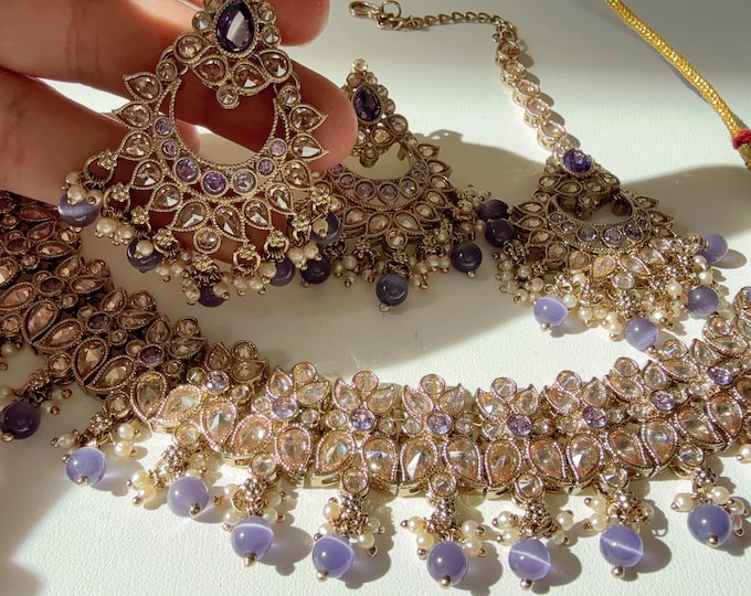Antique Purple  kundan  Polki Kundan  necklace  Set Chandbali and Tikka  /bridal necklace/Indian wedding jewelry/Bridal necklace set/