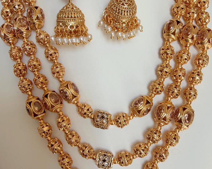 3 Layer Indian necklace / Gold Ball Necklace/Long Gold necklace/Beaded gold chain/Matar Mala/Bridal Indian necklace/Gold necklace