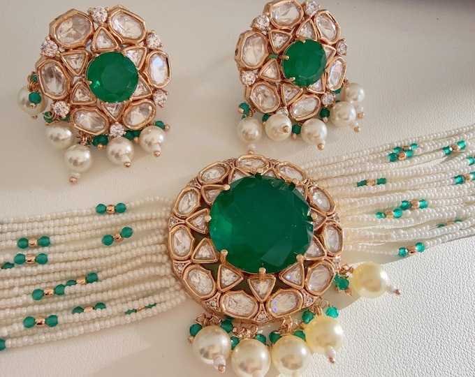 Moissanite doublet stones Emerald green choker set Kundan choker necklace set/ Kundan choker/ Doublet Stone & Moissanite Choker Necklace Set