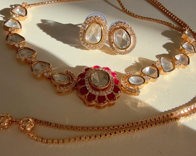 Ruby Sabyasachi-inspired Moissanite Polki Kundan choker Necklace Set/ Kundan Moissanite choker set  / Indian Jewelry/ Indian Wedding jewelry