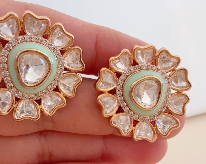 Moissanite Polki Embellished Mint Kundan Studs /Indian Jewelry /Statement Stud Earring/Kundan Stud Earrings/Cz Studs/Diamond Studs