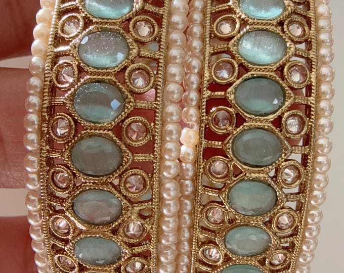 Set of 2 Polki Kundan mint  kada Bangles /Indian bangles/Indian Jewelry/Bridal bangles/Antique bangles/Indian Wedding/Mix Match Bangles