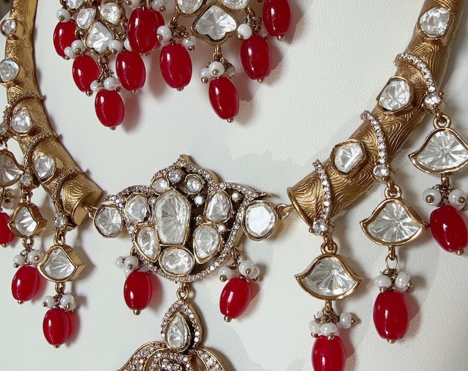 Bridal heavy look Moissanite  hasli necklace Next to real set with earrings/ Diamond Ruby bridal hasli/Indian Wedding jewelry